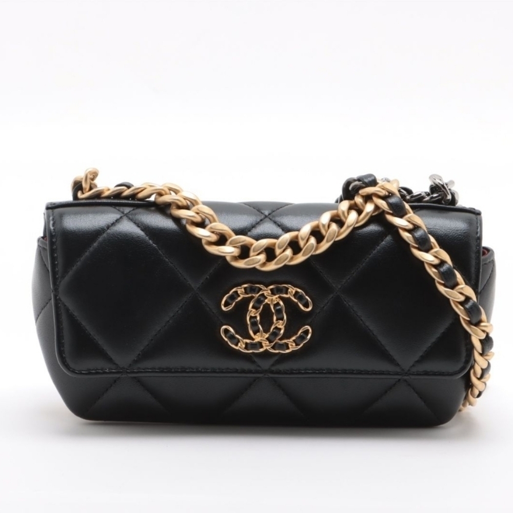 Authentic Chanel 19 Chain Shoulder Bag Glasses Case Gold X Silver Metal …